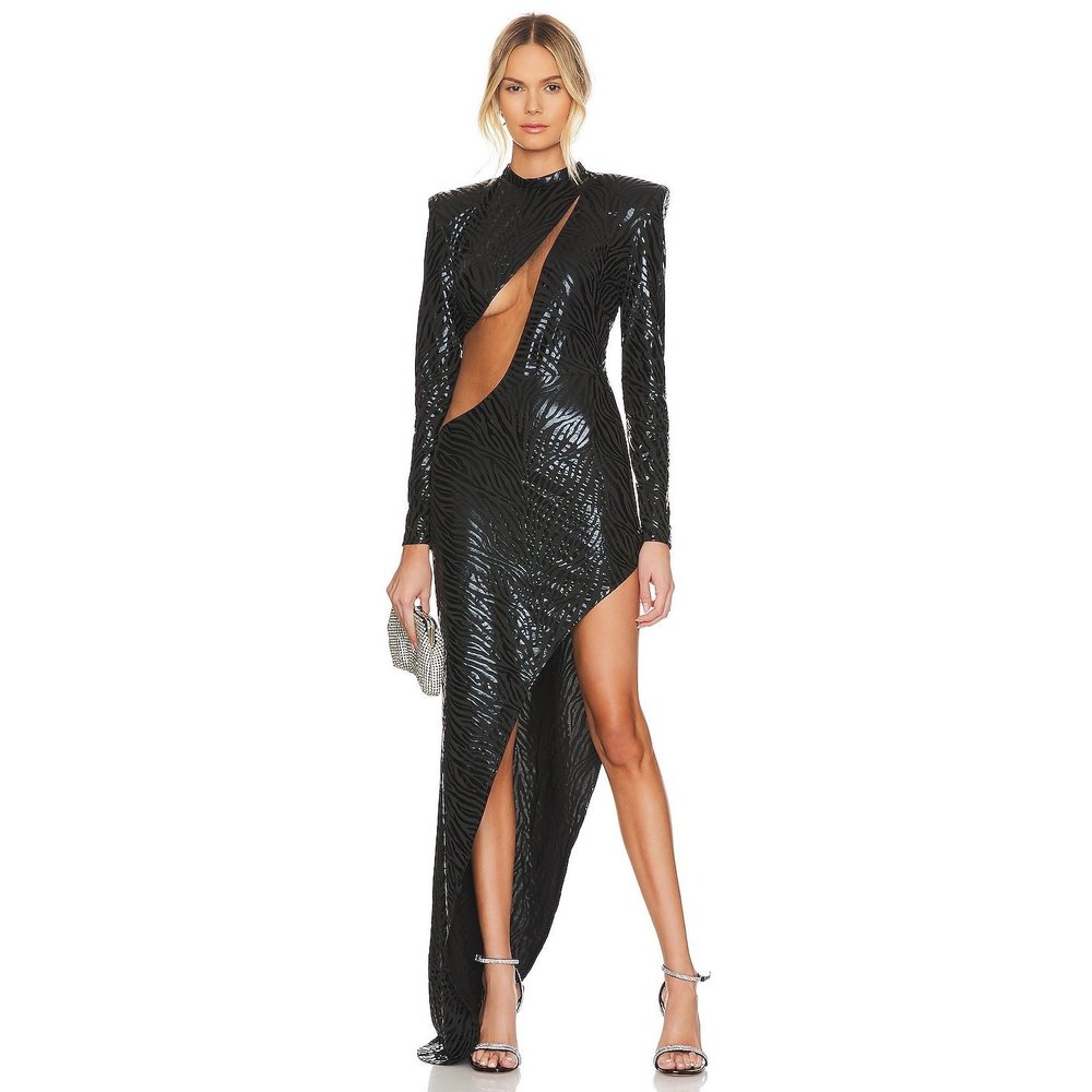 NEW Bronx and Banco Ricky Zebra Gown in Black mesh sheer cutout long sleeve - Picture 10 of 11
